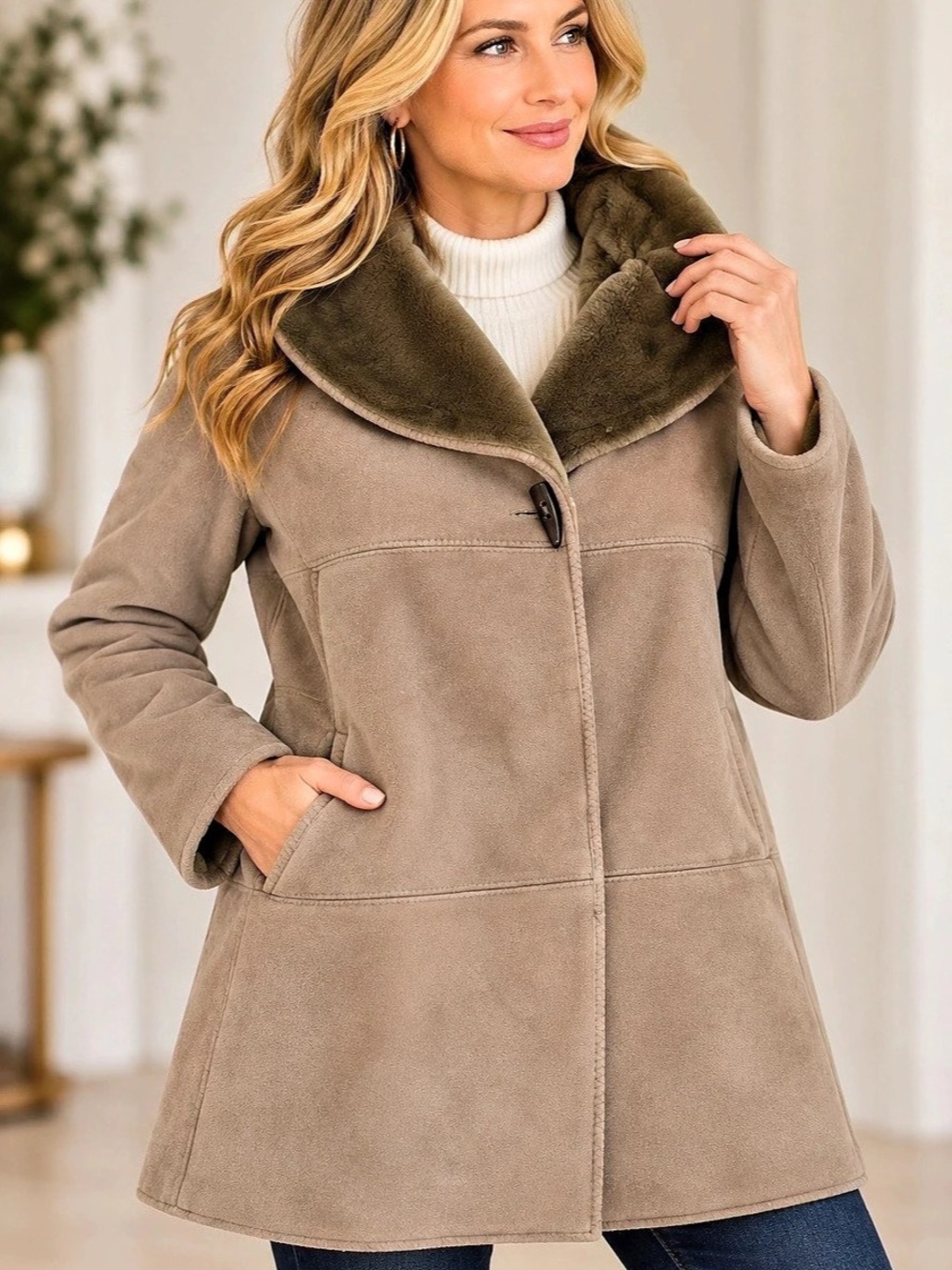 Jones New York Faux Shearling Collar Coat in Brown